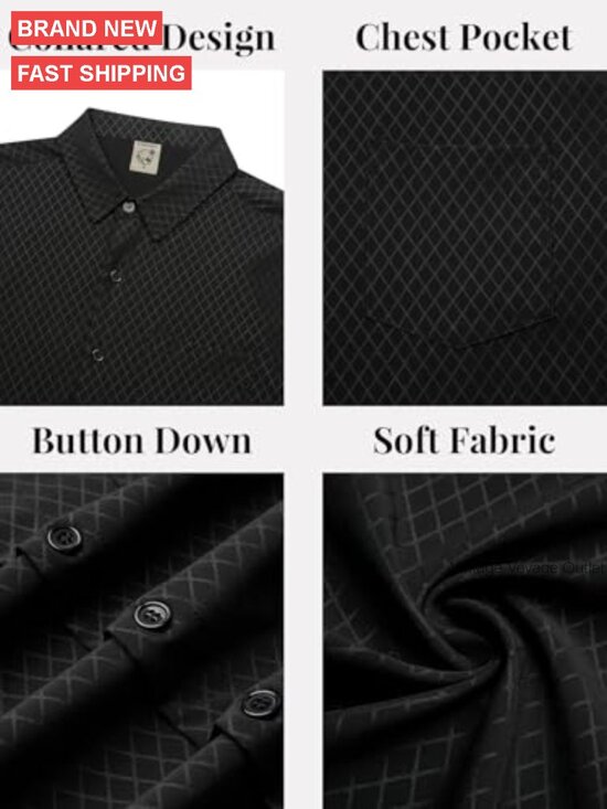Men's Short Sleeve Button Down Shirt Stretch Business Casual Diamond Print - Picture 5 of 6
